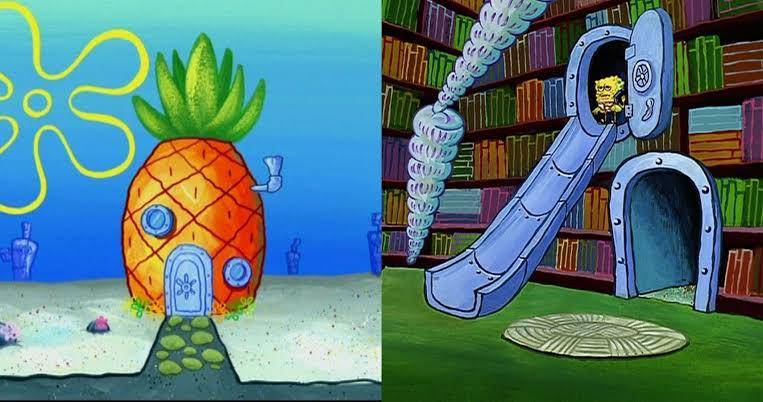 rumah nanas SpongeBob dan fasilitas perpustakaan pribadinya (dok. Nickelodeon/SpongeBob SquarePants)