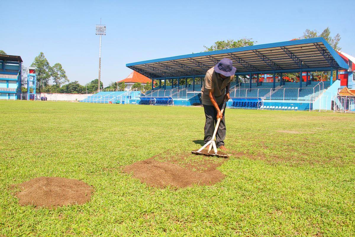 Pekerja melakukan top dressing di Stadion Wergu Wetan Kudus. (Ari Haryono/IDN Times).