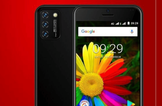 Ponsel Mito berwarna hitam dengan tiga kamera belakang dan layar menampilkan bunga berwarna-warni di latar merah.