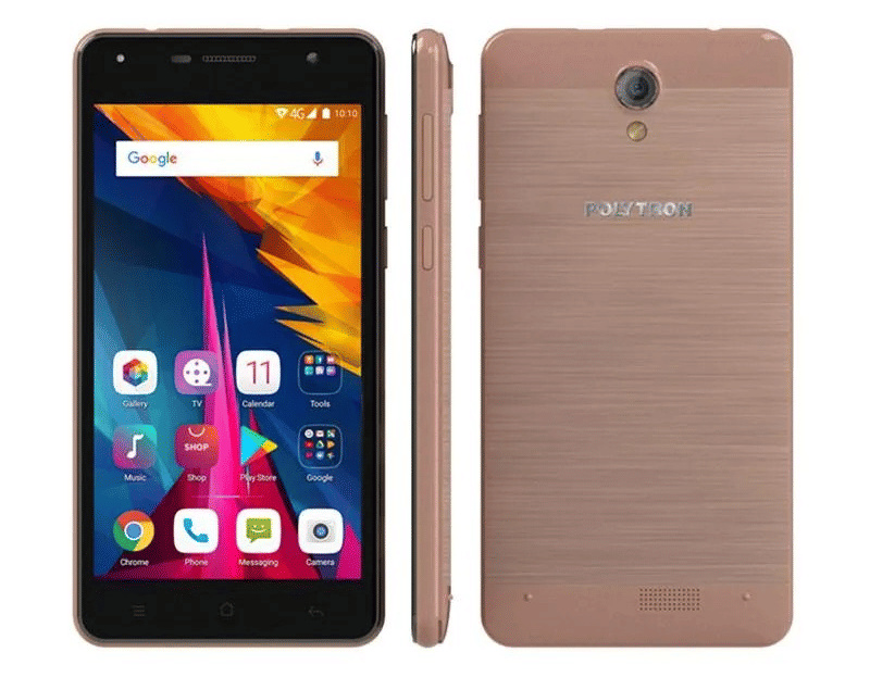 Tampak depan, samping, dan belakang smartphone Polytron berwarna emas dengan layar menyala menampilkan ikon aplikasi.