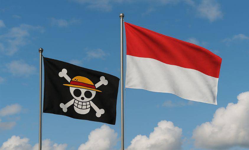 Bendera merah putih berdampingan dengan bendera Jolly Roger