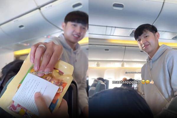 Ustaz Dennis Lim bagi-bagi cokelat di pesawat (instagram.com/yundakoko.real)