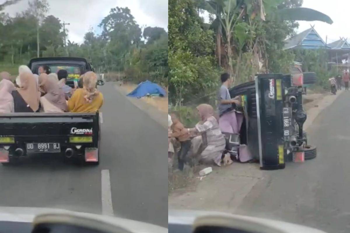Tangkapan layar kecelakaan mobil pick-up mengangkut ibu-ibu di Gowa. (Dok. Istimewa)