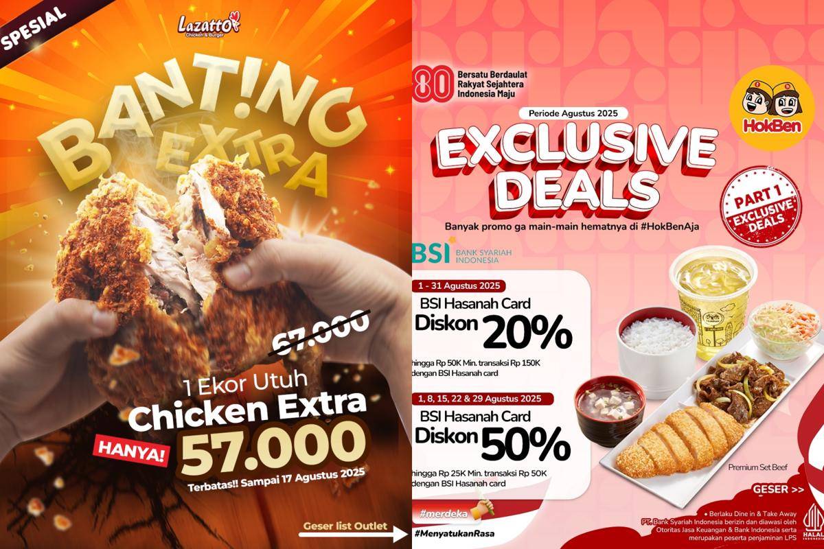 Promo makanan Agustus 2025 (instagram.com/lazatto.id | instagram.com/hokben_id)
