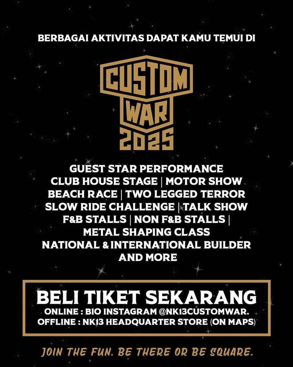Harga tiket dan aktivitas yang ada di NK13 Custom War 2025. (Instagram.com/nk13customwar)