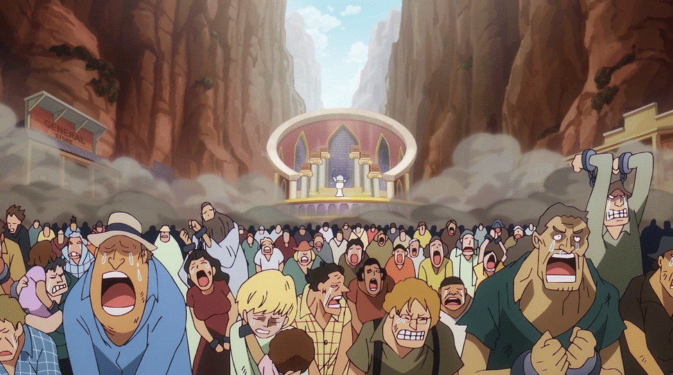 Kompetisi perburuan warga lokal God Valley oleh para bangsawan Celestial Dragon di anime One Piece (1999) (dok. Toei Animation)