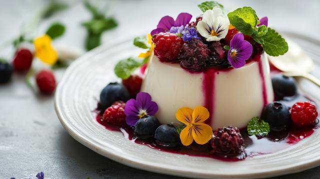 ilustrasi panna cotta vanila saus berry 