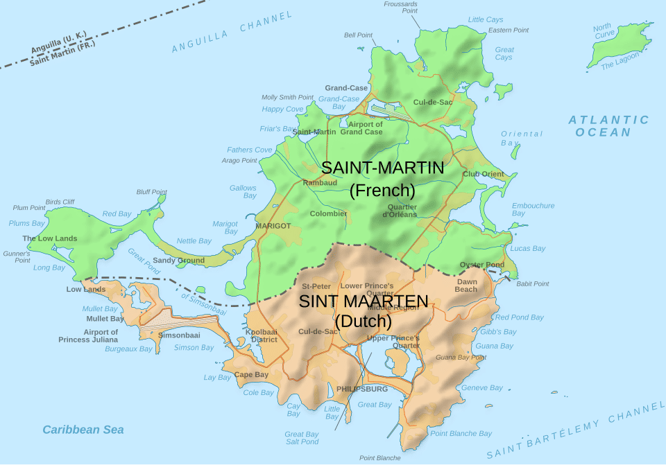 potret peta pembagian wilayah pada Pulau Saint Martin (Commons.wikimedia.org/Hogweard)