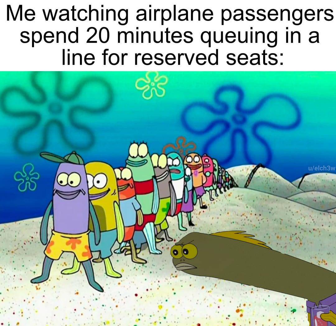 meme SpongeBob tentang naik pesawat 