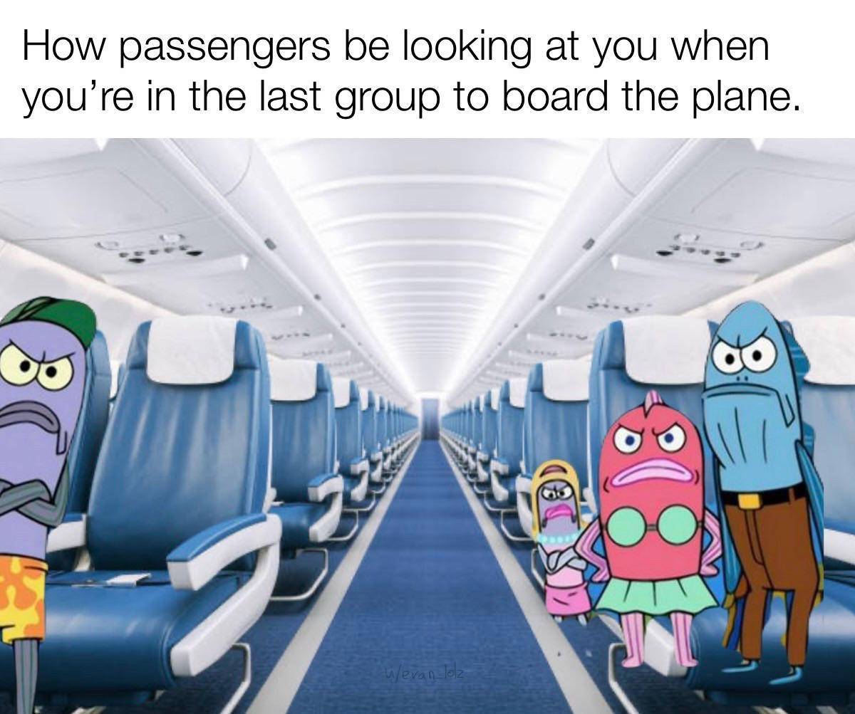 meme SpongeBob tentang naik pesawat