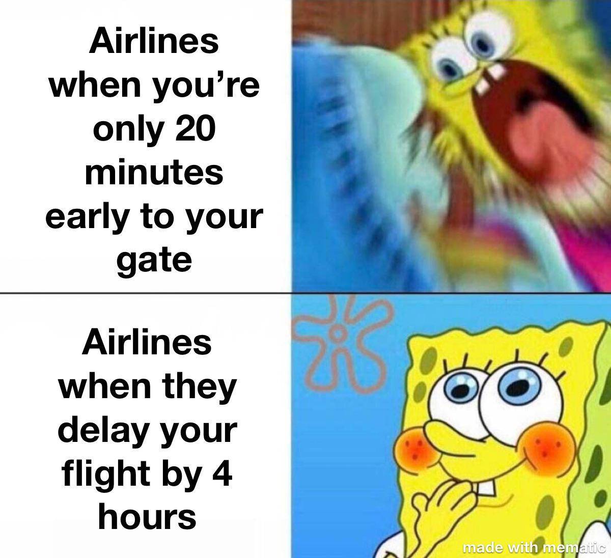 meme SpongeBob tentang naik pesawat