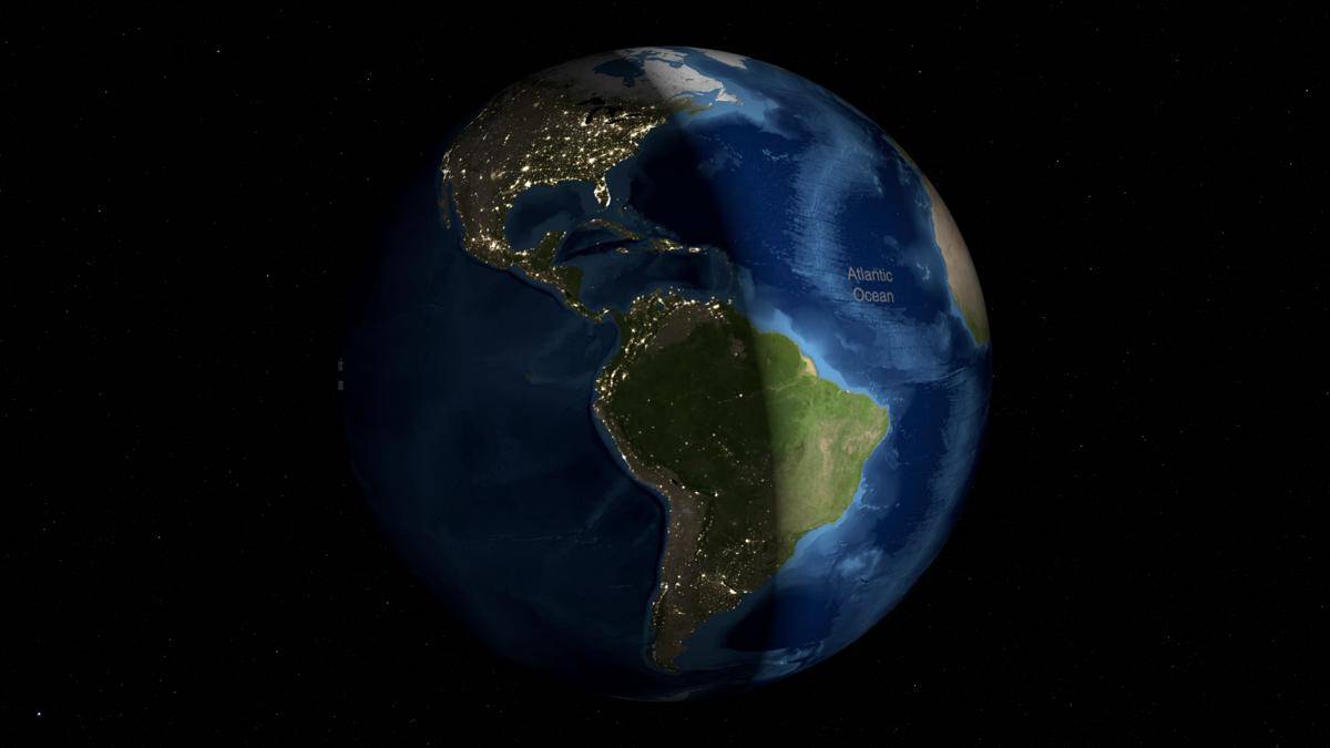 ilustrasi rotasi Bumi, menunjukkan perbedaan waktu siang dan malam akibat perputaran planet.(commons.wikimedia.org/NASA's Scientific Visualization Studio)
