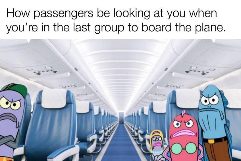 meme SpongeBob tentang naik pesawat 