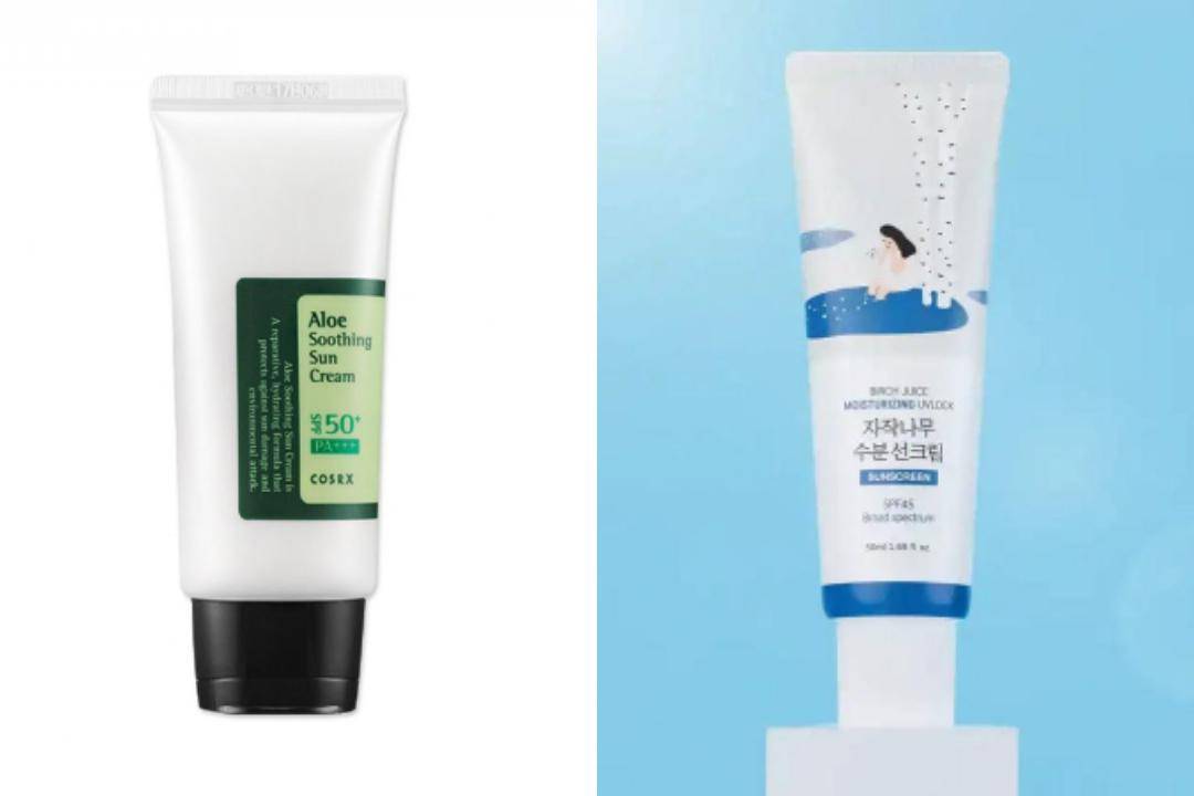COSRX Aloe Soothing Sun Cream SPF 50+ PA+++ dan Birch Moisturizing Sunscreen UVLock SPF 45+ Broad Spectrum (cosrx.id/COSRX Aloe Soothing Sun Cream SPF 50+ PA+++ | roundlab.com/Birch Moisturizing Sunscreen UVLock SPF 45+ Broad Spectrum)