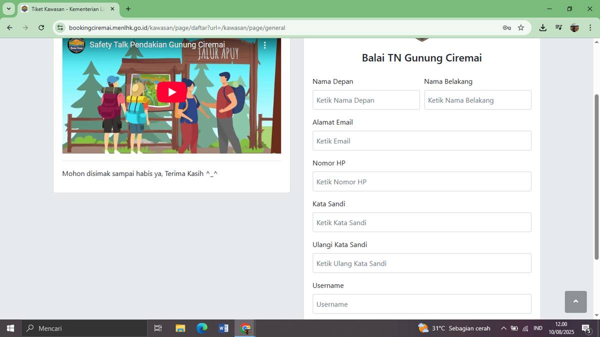 tampilan situs web resmi booking online Gunung Ciremai (bookingciremai.menlhk.go.id)