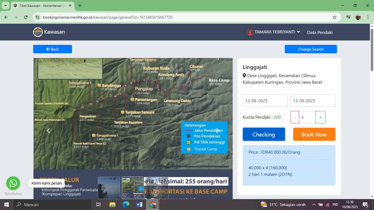 tampilan situs web resmi booking online Gunung Ciremai (bookingciremai.menlhk.go.id)