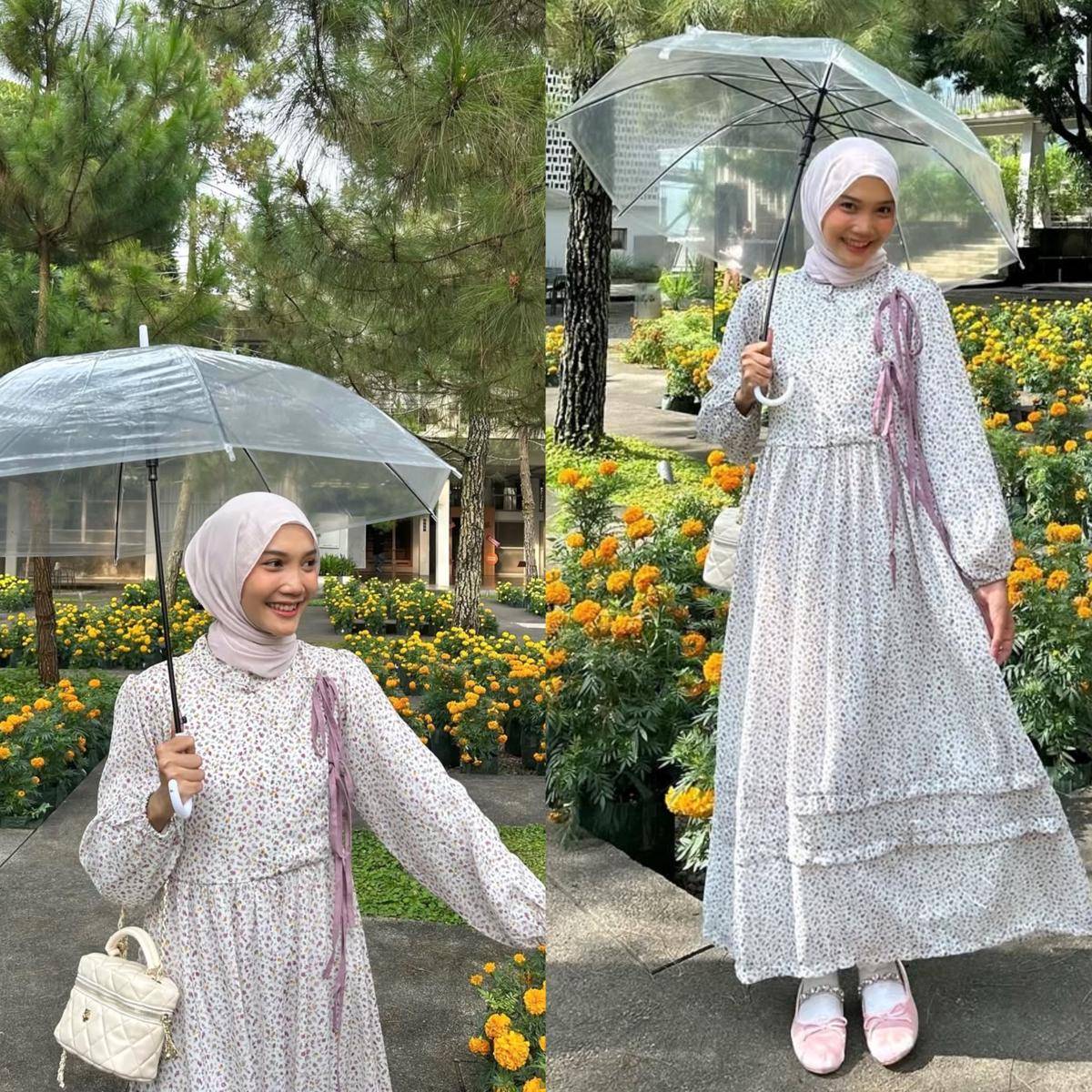 ide OOTD hijab bergaya feminin ala Diva Syifa