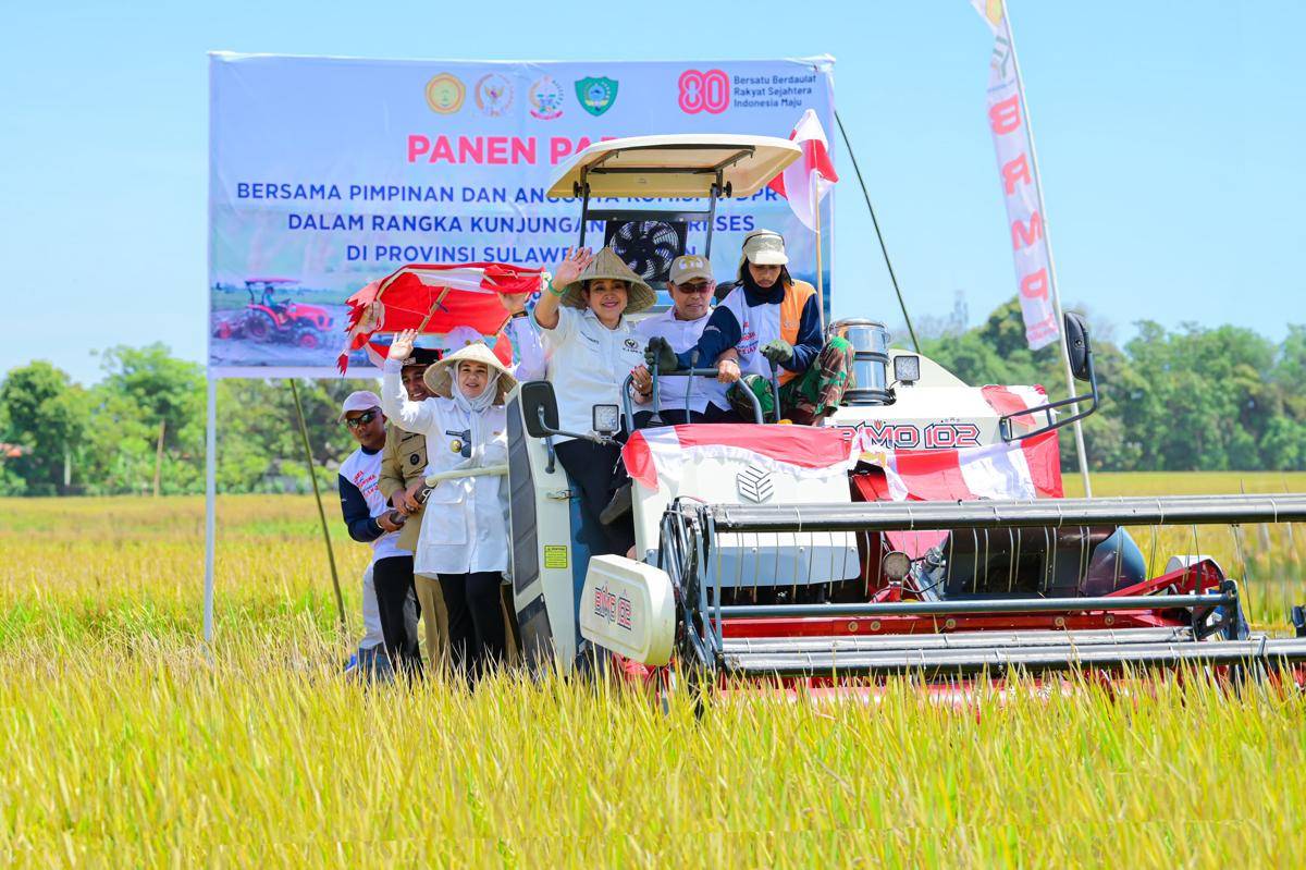 Ketua Komisi IV DPR RI Siti Hediati Hariyadi didampingi Wakil Gubernur Sulsel Fatmawati Rusdi, meninjau panen raya padi di Kelurahan Raya, Maros, Selasa (12/8/2025).