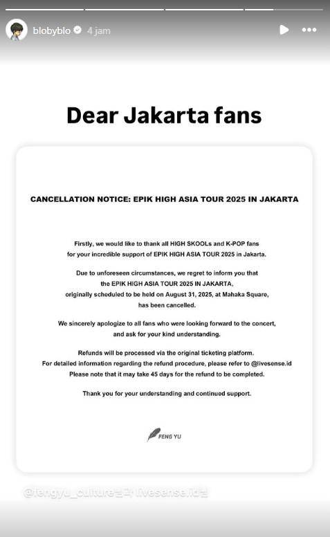 Tablo Epik High unggah ulang pengumuman pembatalan konser di Jakarta