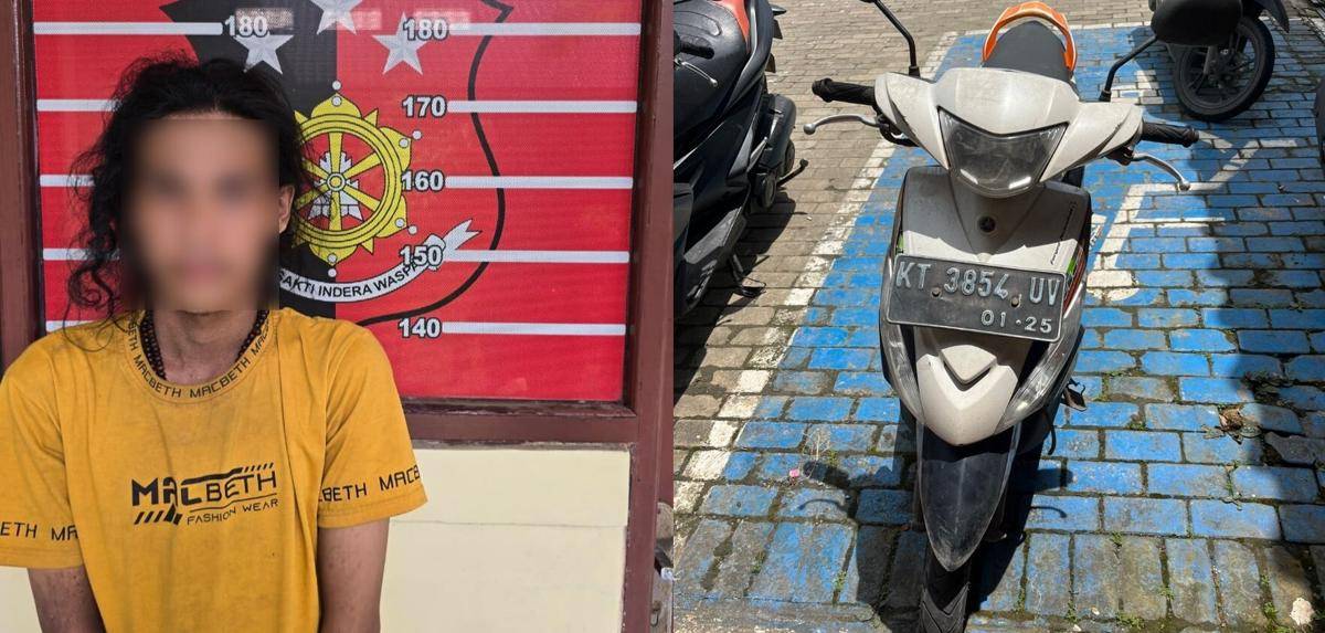 Pelaku pemerasan bersenjata tajam di Loa Janan beserta barang bukti sepeda motor yang digunakan dalam aksinya. 