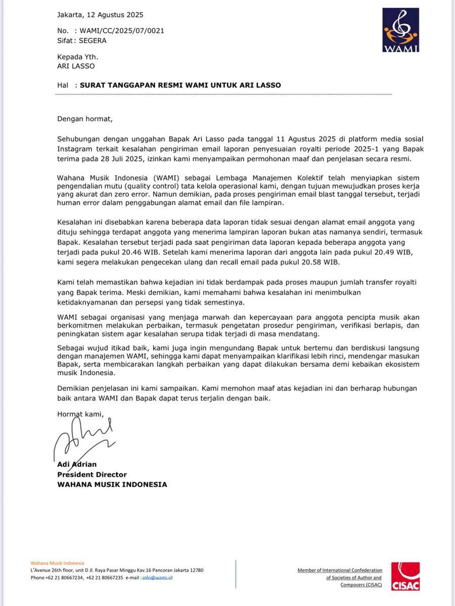surat klarifikasi WMI (instagram.com/ari_lasso)