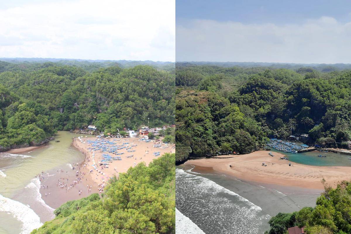 perbandingan aliran sungai bawah tanah di Pantai Baron pada 2019 (kiri) dan 2025 (kanan)