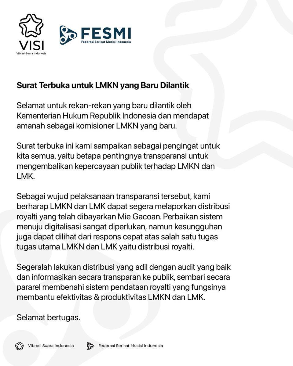 surat terbuka VISI dan FESMI untuk LMKN