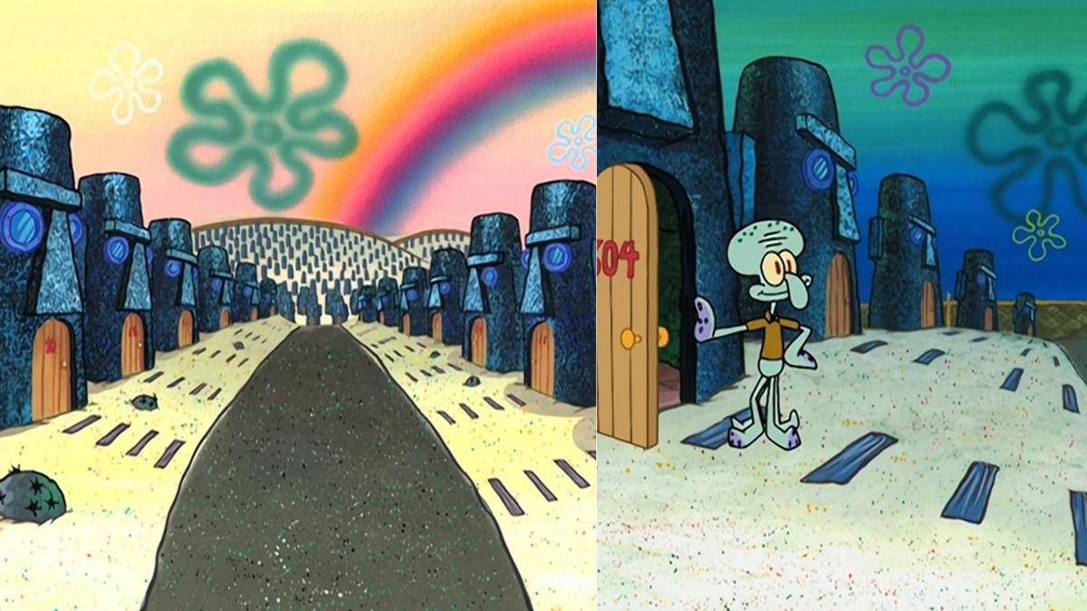 komplek perumahan Tentacle Acres yang terasa penuh harmoni dan simetris (dok. Nickelodeon/SpongeBob SquarePants)