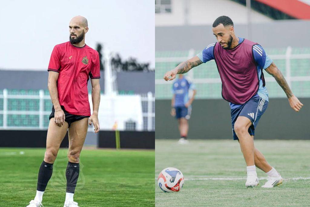 Pemain Bhayangkara Presisi FC Nehar Sadiki (kiri) dan pemain PSM Makassar Victor Luiz (kanan) dalam sesi official training di Stadion Sumpah Pemuda Bandar Lampung pada 15 Agustus 2025. (Kolase Berbagai Sumber)