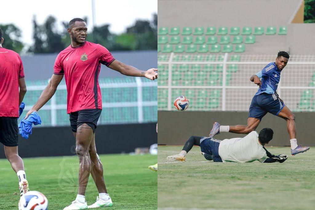 Pemain Bhayangkara Presisi FC Shayne Borgelin (kiri) dan pemain PSM Makassar Jacques Themopele (kanan) dalam sesi official training di Stadion Sumpah Pemuda Bandar Lampung pada 15 Agustus 2025. (Kolase Berbagai Sumber)