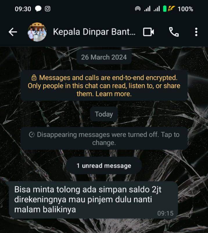 Nomor WhatsApp Kepala Disdukcapil Bantul Kwintarto dibajak orang tak dikenal.(Dok.Istimewa)