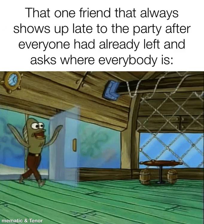 meme SpongeBob tentang terlambat