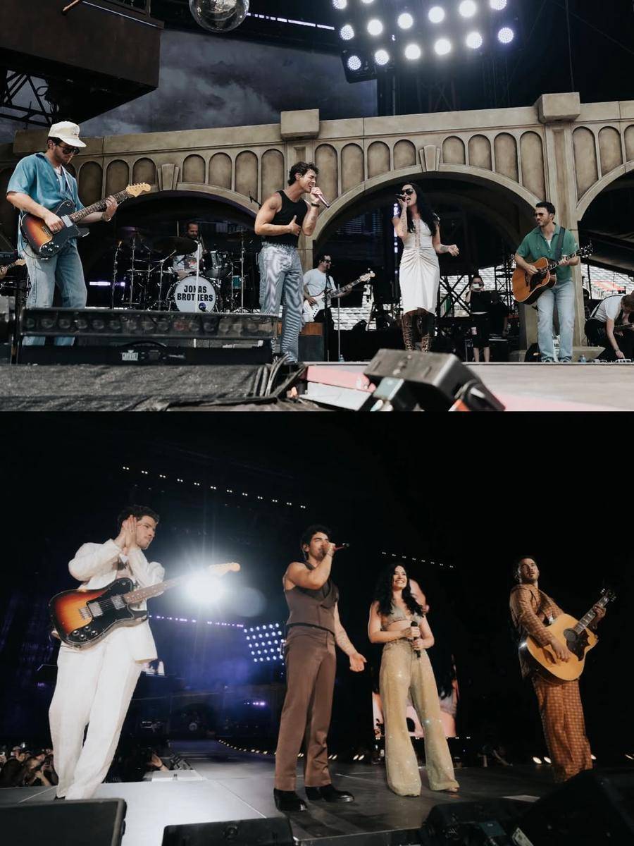 potret Jonas Brothers buka tur dengan guest star Demi Lovato (via instagram.com/jonasbrothers)