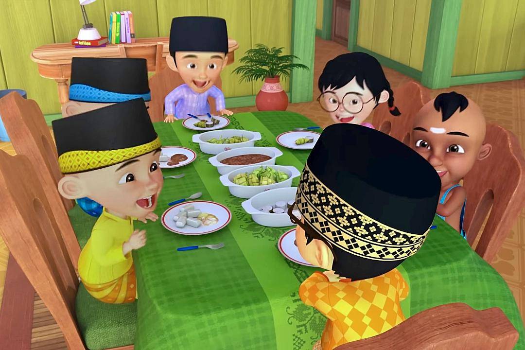 Upin Ipin dan kawan-kawan makan hidangan khas Melayu (youtube.com/Les' Copaque Production)