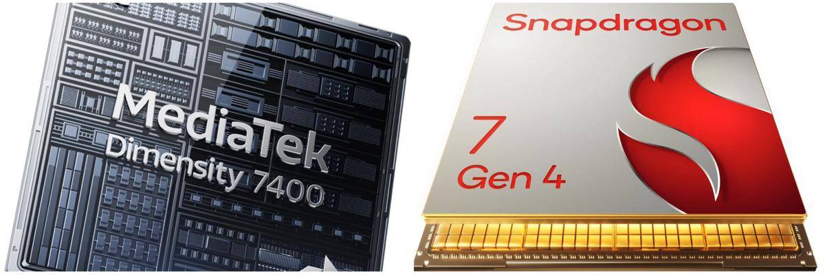 ilustrasi prosesor MediaTek Dimensity 7400 (kiri) dan Qualcomm Snapdragon 7 Gen 4 (kanan)