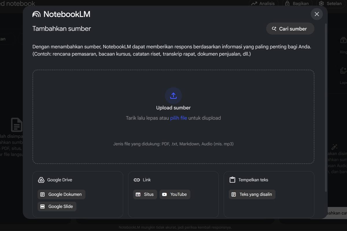 tampilan NotebookLM. (dok. pribadi/Leo Manik)