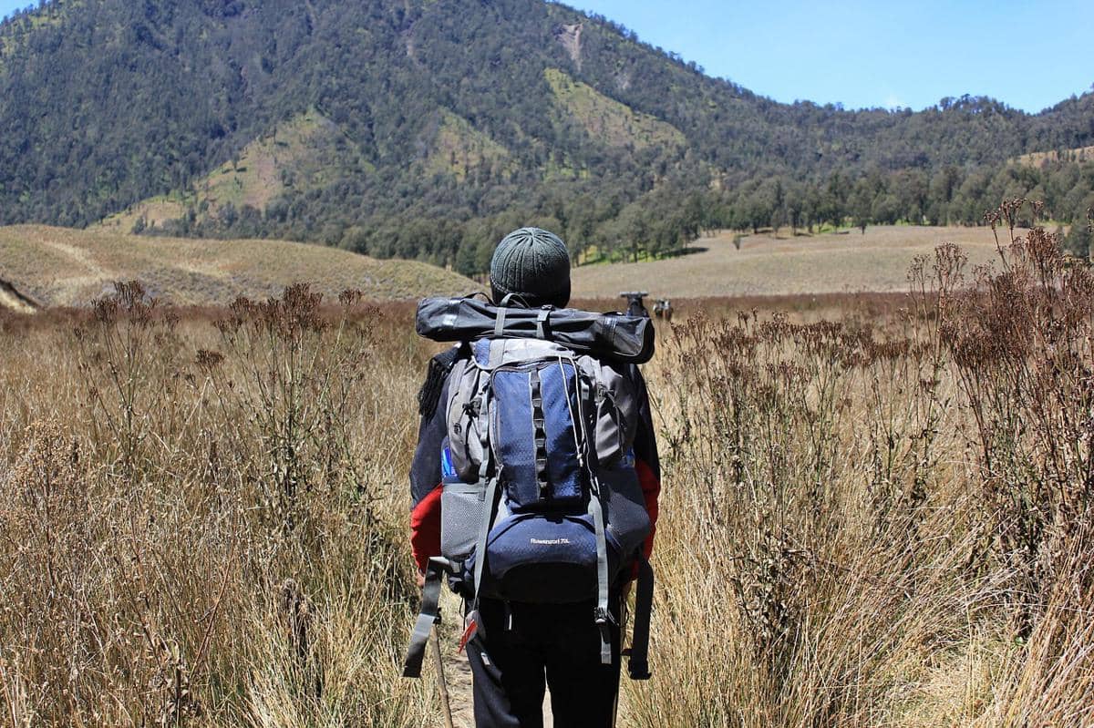 Seorang pendaki dengan ransel besar berdiri di padang rumput kering menghadap Gunung Semeru yang hijau di kejauhan.