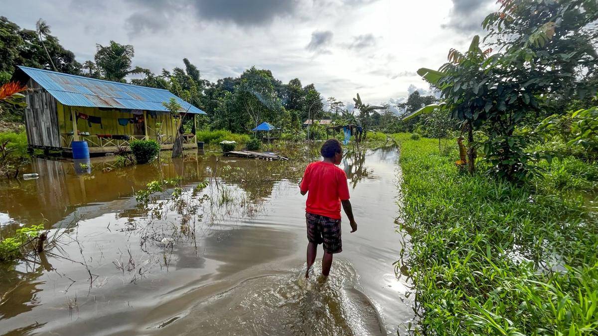 Dimianak Katagame, warga Kelurahan Kamoro Jaya (kawasan penduduk Suku Amungme), menyusuri jalan raya kampung yang terendam banjir. Semakin masuk ke kampung, air banjir semakin dalam. (IDN Times/Endy Langobelen)