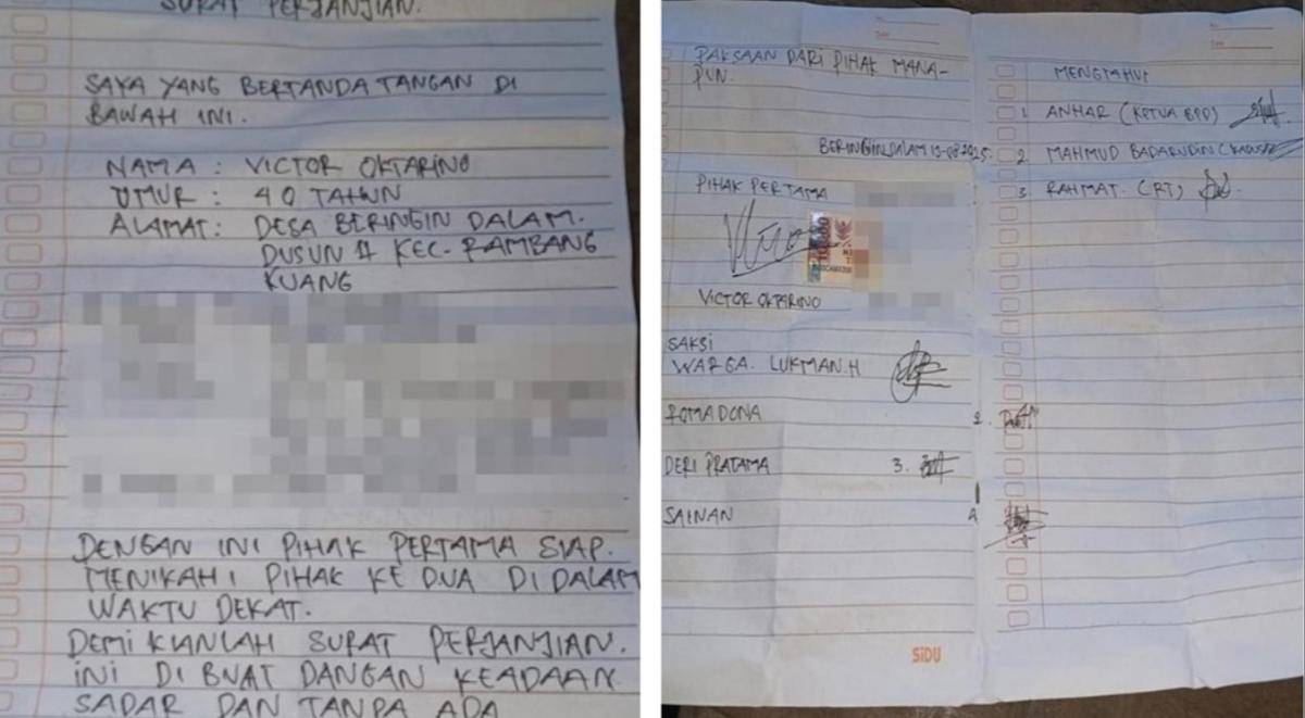 Surat perjanjian pernikahan Kades di Rambang Kuang bersama perempuan usai digrebek warga. (Dok. Istimewa)