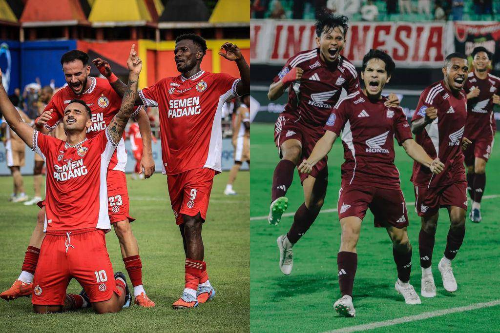 Para pemain Semen Padang (kiri) dan PSM Makassar (kanan) saat merayakan gol pada pertandingan BRI Super League 2025/2026. (Kolase Berbagai Sumber)