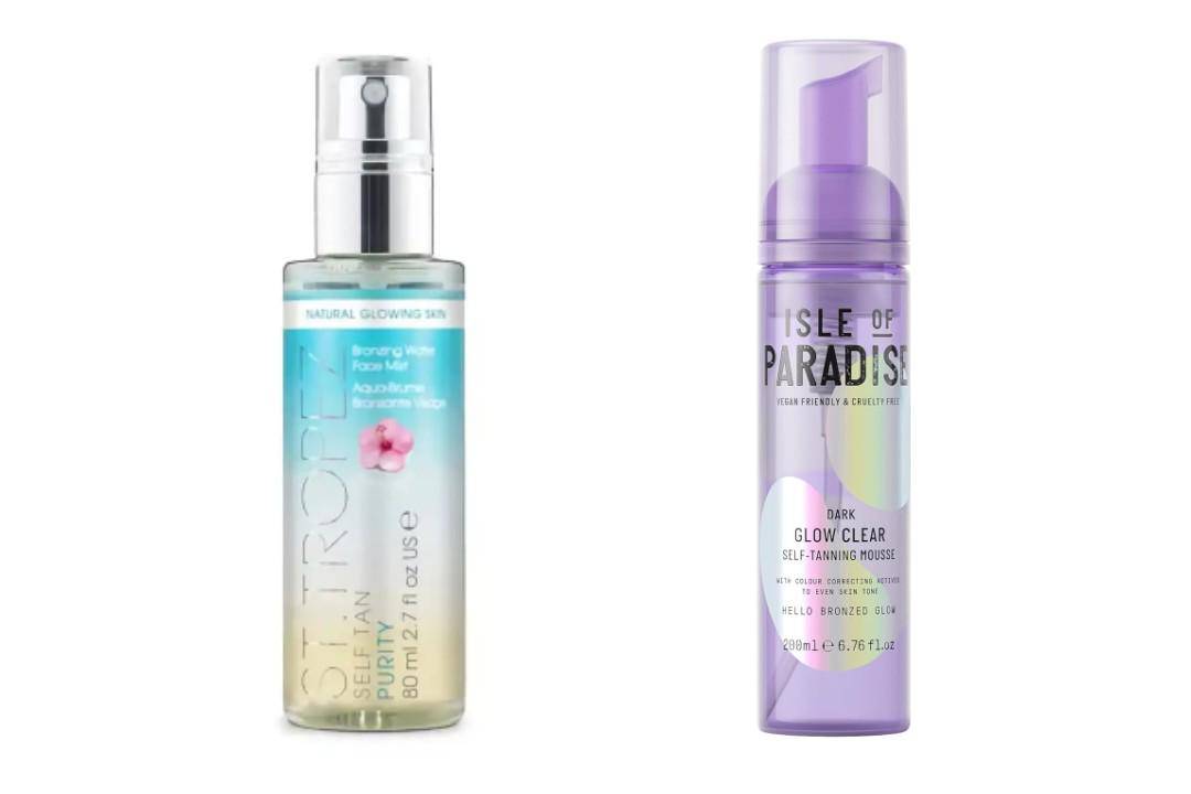 St. Tropez Self Tan Purity Bronzing Water Face Mist dan Isle of Paradise Glow Clear Self Tanning Mousse (us.sttropeztan.com/St. Tropez Self Tan Purity Bronzing Water Face Mist | amazon.com/. Isle of Paradise Glow Clear Self Tanning Mousse)