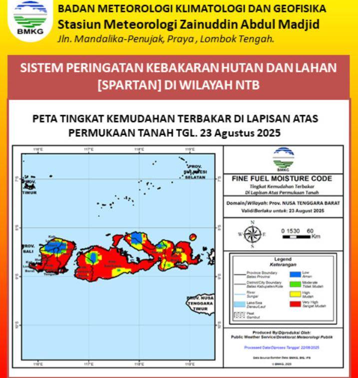 Peta tingkat kebakaran hutan dan lahan di NTB.