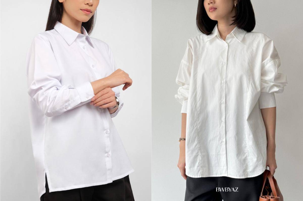 Rekomendasi kemeja putih cewek untuk kerja (shopee.co.id/THENBLANK Official Shop | shopee.co.id/bwbyaz)