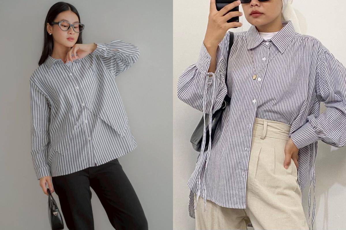 Rekomendasi kemeja salur cewek untuk ke kantor (shopee.co.id/Myrubylicious Official Shop | shopee.co.id/OTASHAWL.CO)