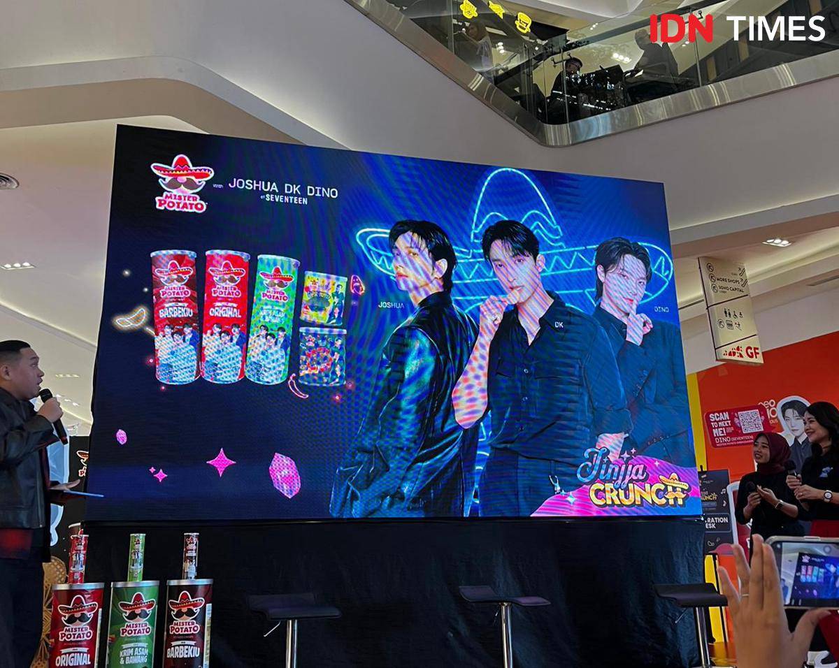 Press conference Mister Potato dengan campaign Jinjja Crunch bersama Joshua, DK, dan Dino SEVENTEEN pada Sabtu (23/8/2025) di Neo Soho, Jakarta Barat