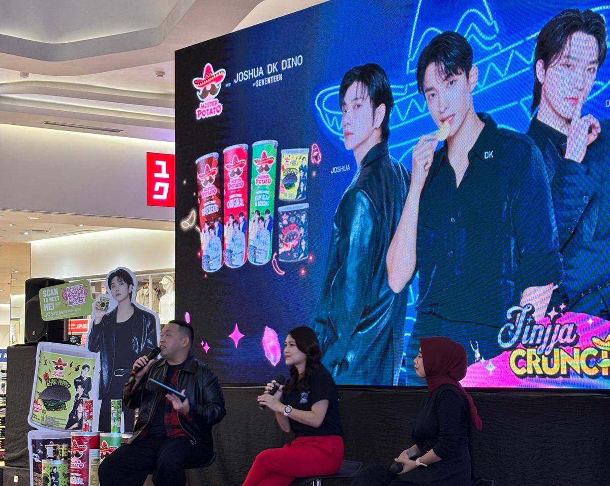 Press conference Mister Potato dengan campaign Jinjja Crunch bersama Joshua, DK, dan Dino SEVENTEEN pada Sabtu (23/8/2025) di Neo Soho, Jakarta Barat