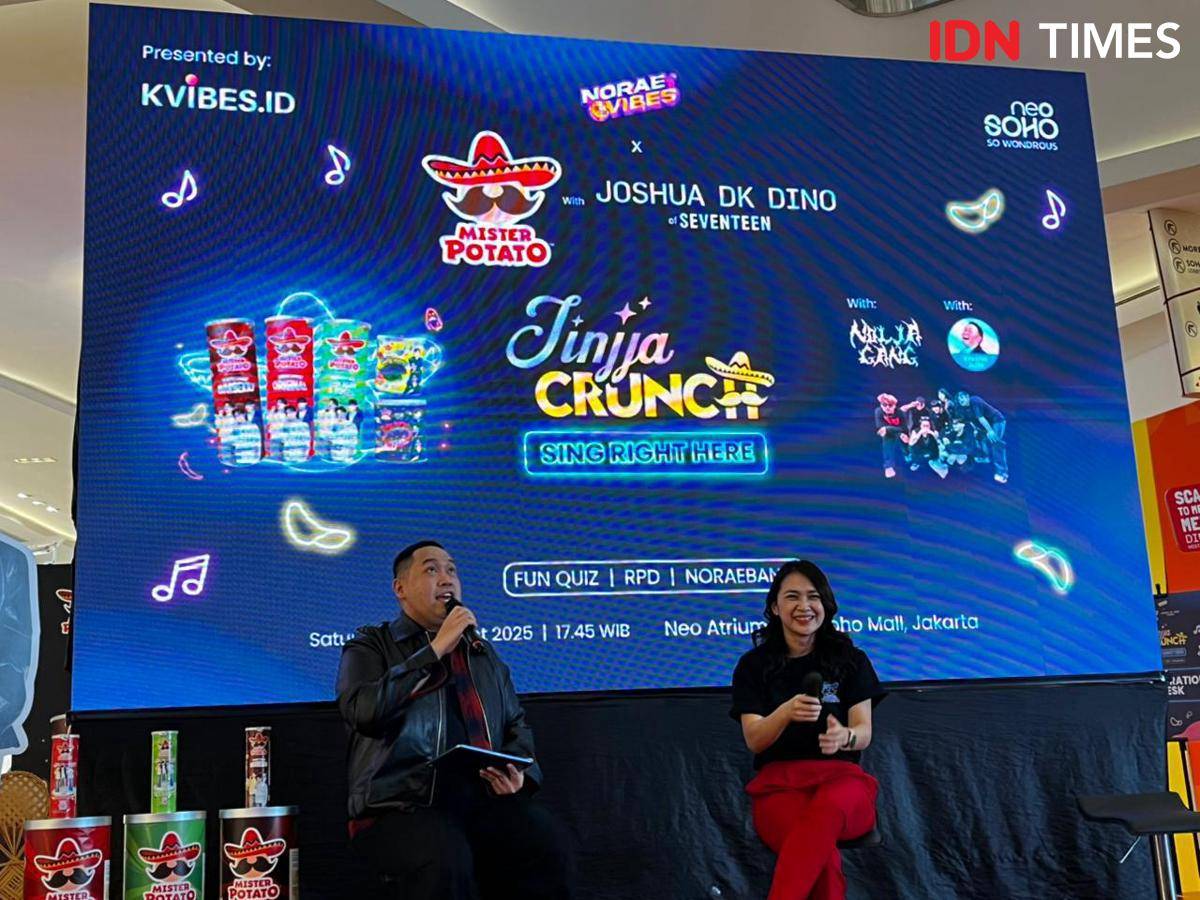 Press conference Mister Potato dengan campaign Jinjja Crunch bersama Joshua, DK, dan Dino SEVENTEEN pada Sabtu (23/8/2025) di Neo Soho, Jakarta Barat