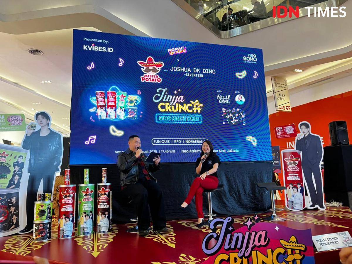 Press conference Mister Potato dengan campaign Jinjja Crunch bersama Joshua, DK, dan Dino SEVENTEEN pada Sabtu (23/8/2025) di Neo Soho, Jakarta Barat (IDN Times/Nisa Zarawaki)