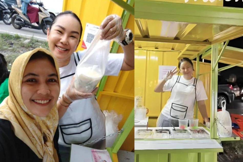 Kalina Ocktraanny jualan es teles di pinggir jalan