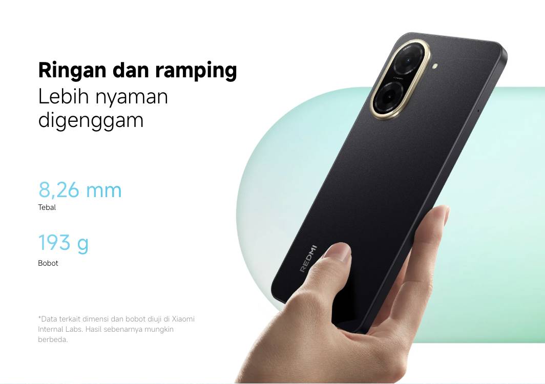 Redmi A5 memiliki ketebalan 8,2 mm dan bobot lebih ringan yakni 193 gram